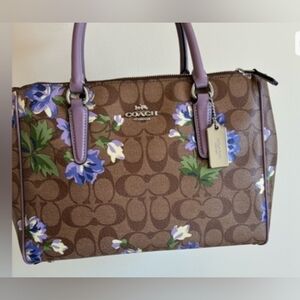 Coach Surrey Carryall Bag in Signature Canvas with a Lily Print Khaki and Purple